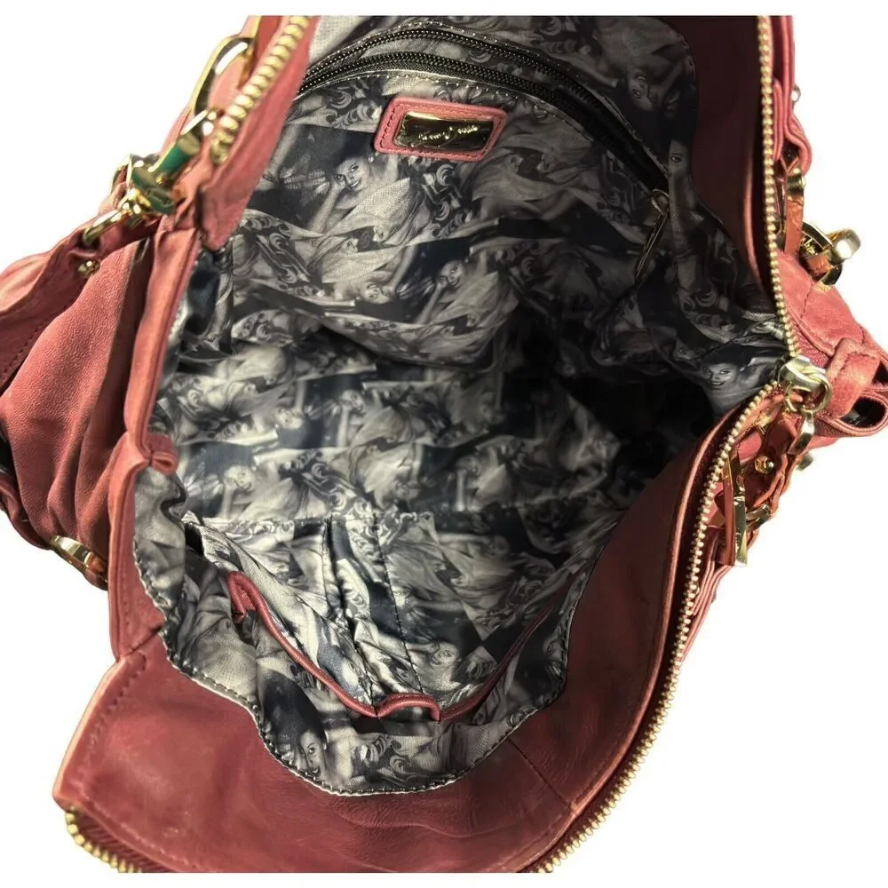 Junior Drake Gail Leather Handbag Tote Pleated Crossbody Large Pockets Cranberry